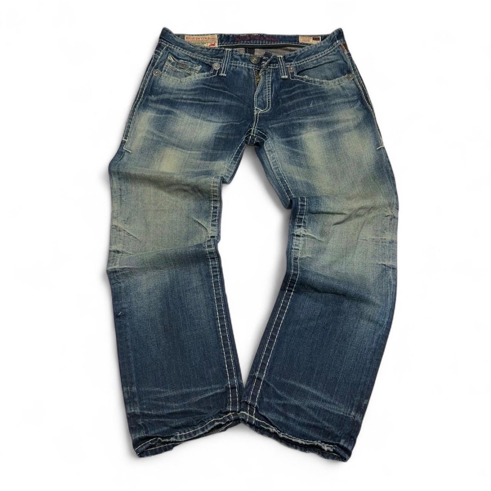 Rivet De Cru Andrew Mens wide leg Blue Jeans Thick Stitch 36x34 Faded
